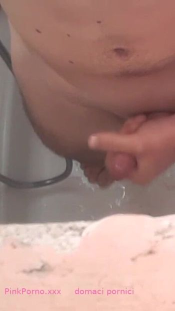 jerking off a big cock in the shower while waiting for a little blonde girl to come home from work, getting ready to fuck her from behind
