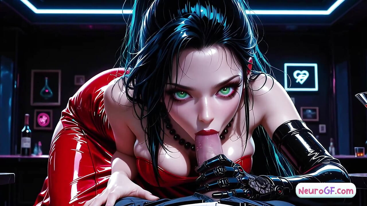 Black-haired cyber slut rips off her dress & gets fucked deep on the neon bar
