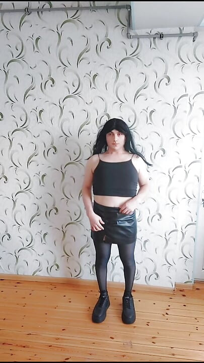 Pretty Gothic Princess Femboy in Leather Skirt and Hot Tights Sweet Attractive Body