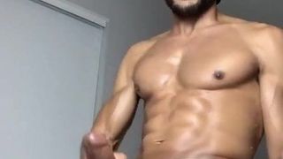 muscular black guy in black boxers wanks and cums