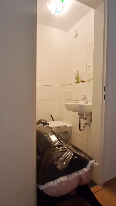 Caged Sissy Maid Slave - Cleaning the Bathroom for Mistress and Her Boyfriend