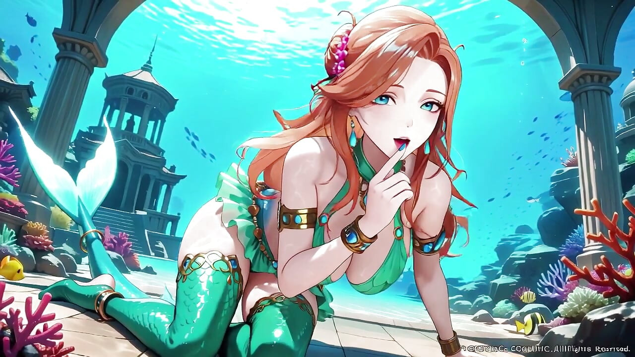 赤髪の人魚姫の海底宮殿プライベートツアー、曲線を強調する緑のビキニ、柔らかい砂浜にヒールブーツ、