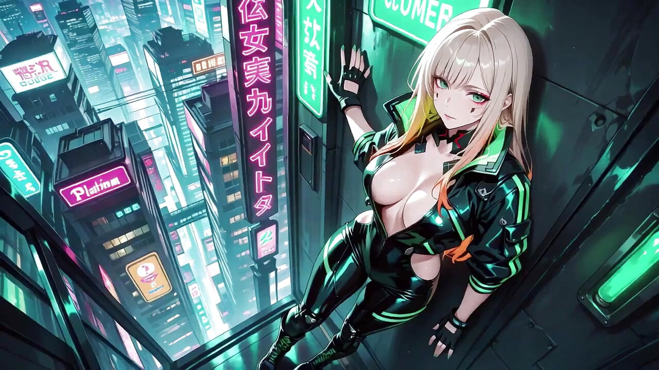 Neon Rain Night! Blonde Agent in Wet Leather Crouching Low, Holographic Glow & Cold Glances.