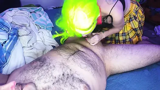Clown girl with neon hair gives amazing blowjob and gets creampied