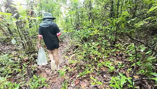 Thai Girl Walking Showing Along the Side of the Field Road in the Countryside Thai Outdoor Public