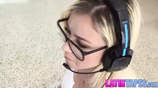 Blonde gamer babe Marsha May rides stiffed cock like a pro