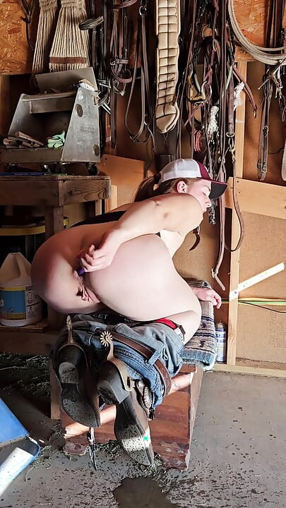 Redhead Fucks Ass and Pussy Squirting in Barn