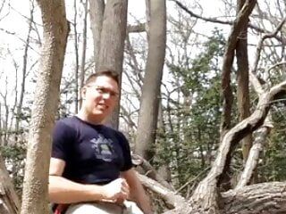 Public masturbating in the woods, jerking-off outside, jerking off on a log, stroking my cock showing AE boxers!