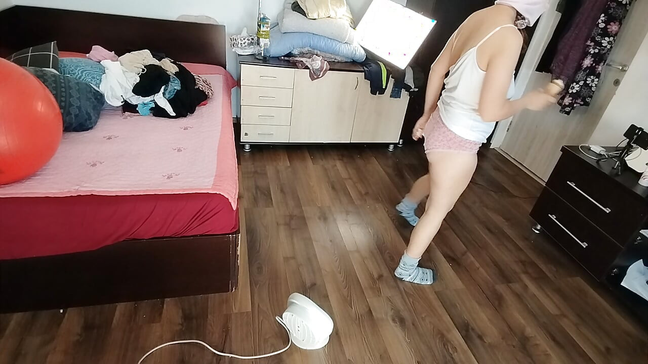 Sexy Brunette Having Fun Trying on Clothes. Sexy Mom Dances Naked Around the House.