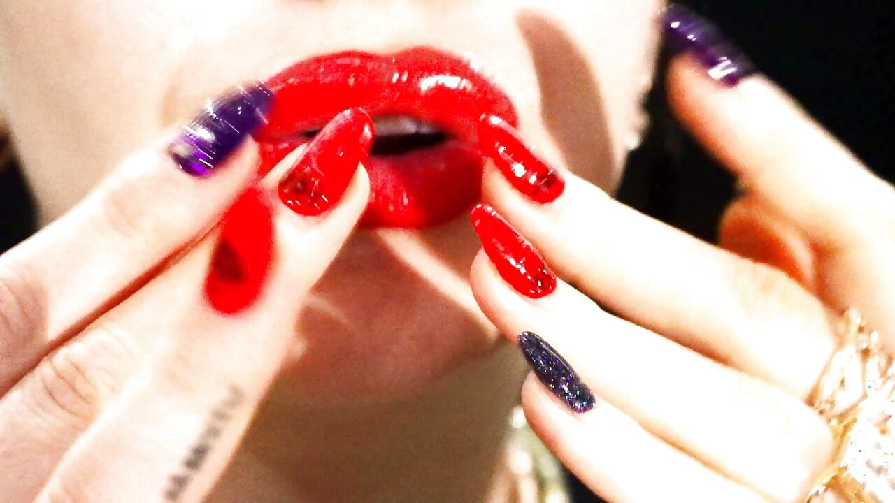 Red lips and a games with liquids and saliva! Milk and coffee! 4K -NO AUDIO-