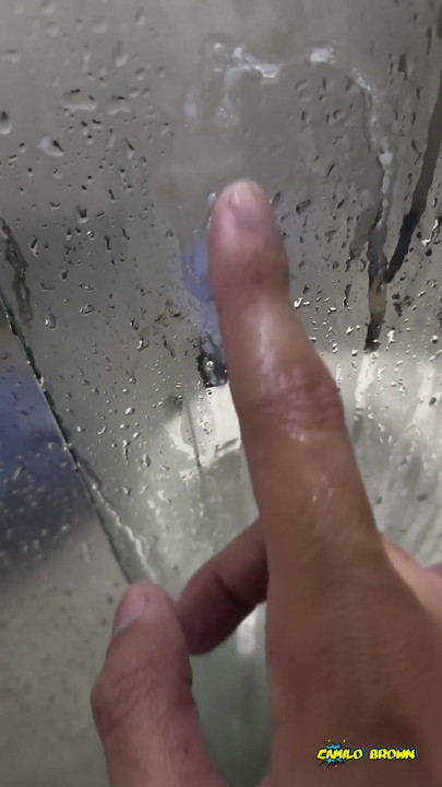 Powerful moment from "Camilo Brown Jerking His Big Uncut Cock in the Shower and Eating His Own Cum"