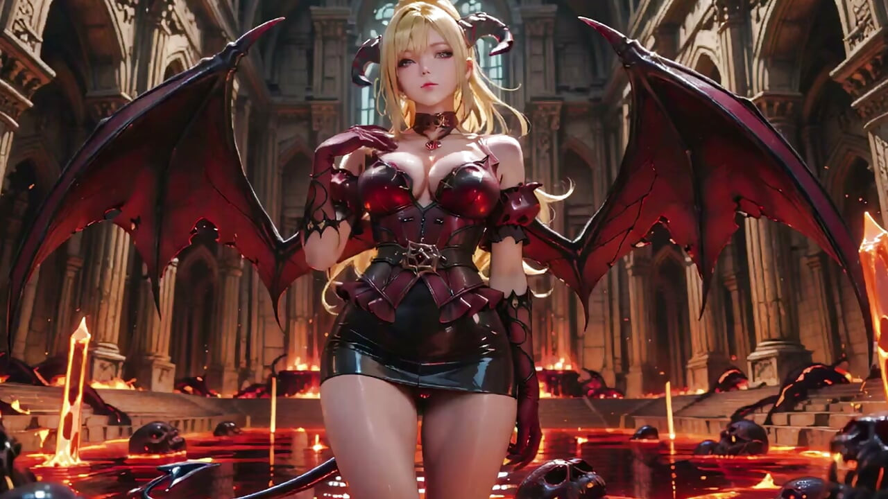 Lava Throne! Blonde Demon Queen Kneels & Spreads Her Wings, Lazy Tease with a Glass.