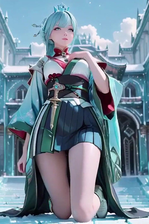 Ice Throne! Silver-haired Mage in Red-green Gown Kneeling, Blue-haired Partner Teasing in Realm!