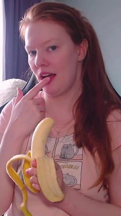 Key moment from "It's time for a sweet snack! This banana looks soooo much like your dick! Look how greedily I suck it!"