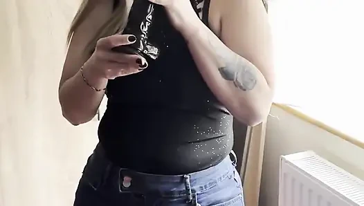 Masturbating with a Huge Black Cock in a Denim Miniskirt