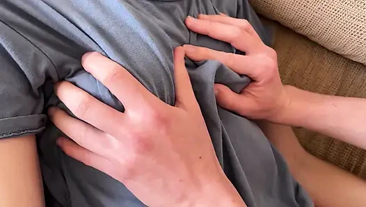 My slutty stepsister let me cum on her teen tits, tender handjob