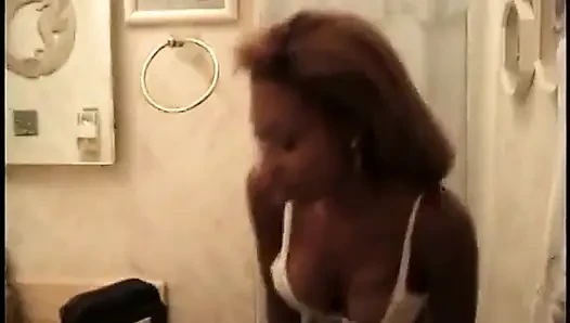 Skinny Black Chick Sucks Out All Cum After Gentle Sex in the Bathroom