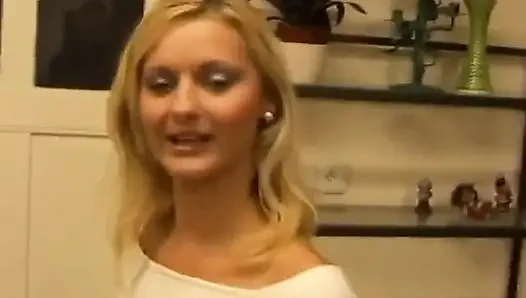 Stunning Blonde Whore with Perfect Tits and Ass Gives Camera Man a Blowjob