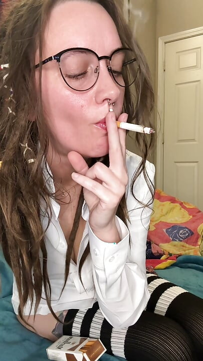 Wearing Glasses and Thigh High Stockings, Smoking a Cigarette and Playing with My Pussy