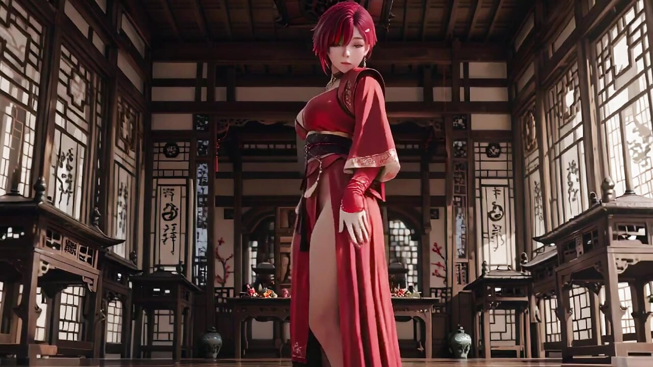 Purple-haired War Maiden in high-slit kimono, kneeling to tease your eyes with a fiery gaze and a wet, forbidden whisper.