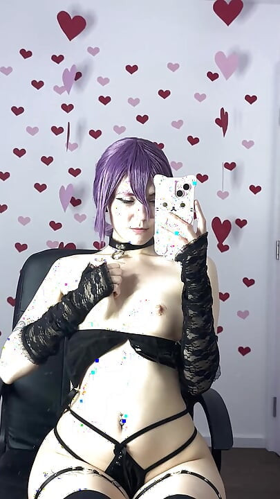 Purple Hair Teen in Latex Lingerie Strips for Her Boyfriend on Chair