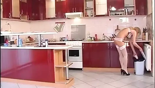 Sexy big boobs blonde foot job foot fetish in the kitchen