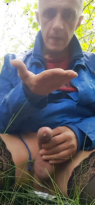 Walk in the woods stockings thong licking cum