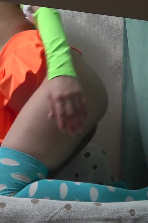 No Bra Nipple Stickers, Mini Skirt, Yellow Thong Wedgie Crotch, Cute Japanese Girl Body Viewed From Under the Desk