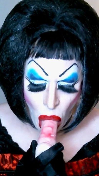 Sissy Slut in Heavy Makeup Sucks and Deep Throats Dildo on Cam | Clip 1
