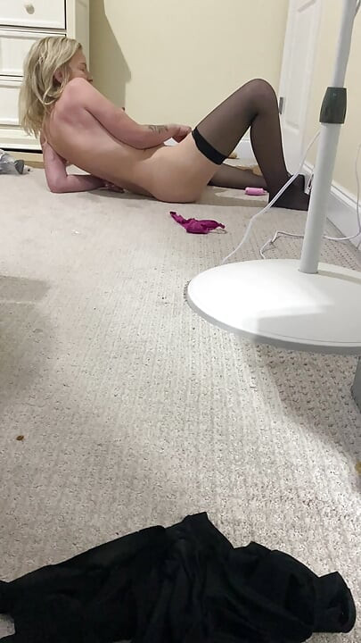 Crossdresser watches his milf girlfriend video chat a guy and use a vibrator to make her pussy cum