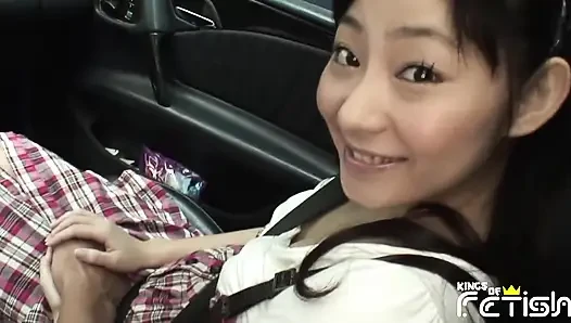 Lucky man plays with Japanese college girl in the car before showering