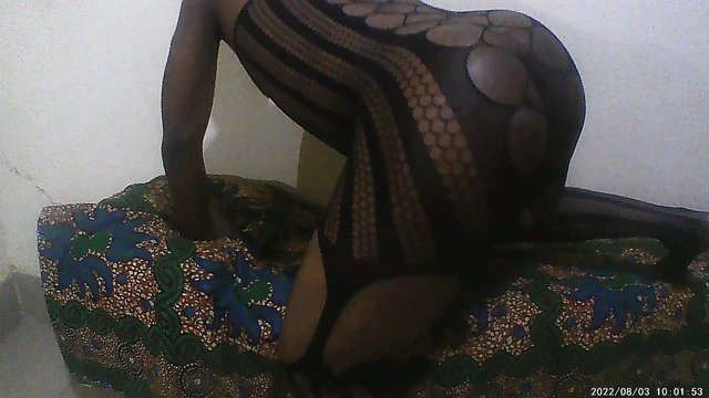 Sexy Husband Wears Wife Lace Fishnet  and Pose  to Camera After Work