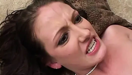 Skinny Brunette with Small Tits Cumshot in Mouth by Two Big Black and White Cocks