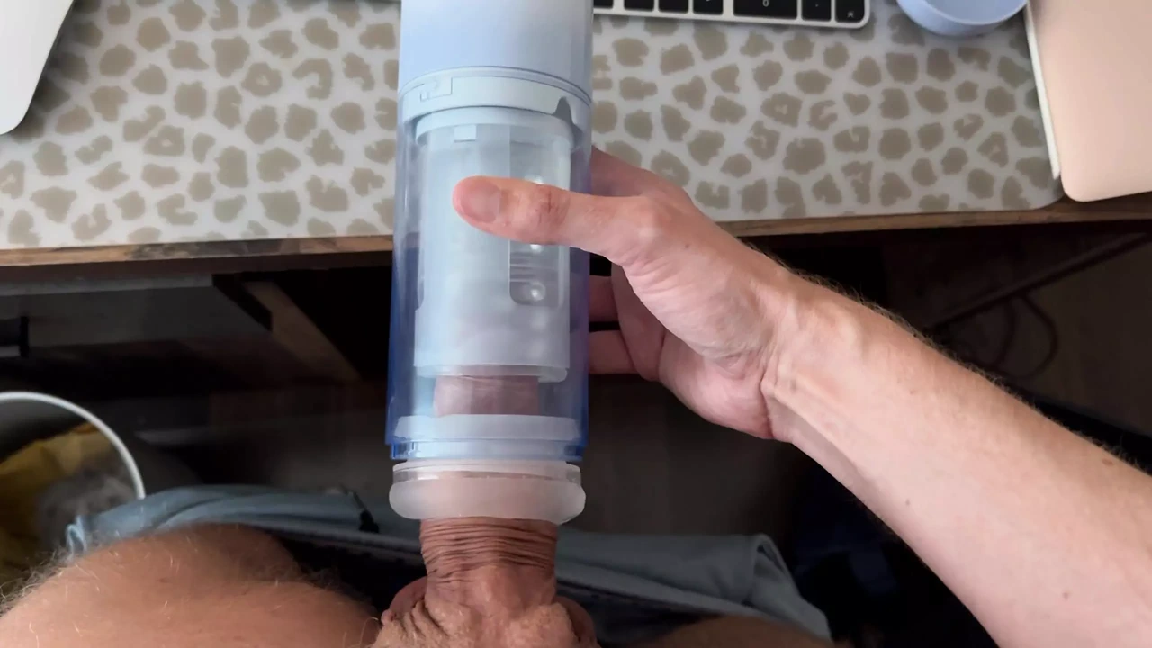 Sex toy review: shooting my thick load in a blowjob  simulator with suction and rotation on my uncut cok