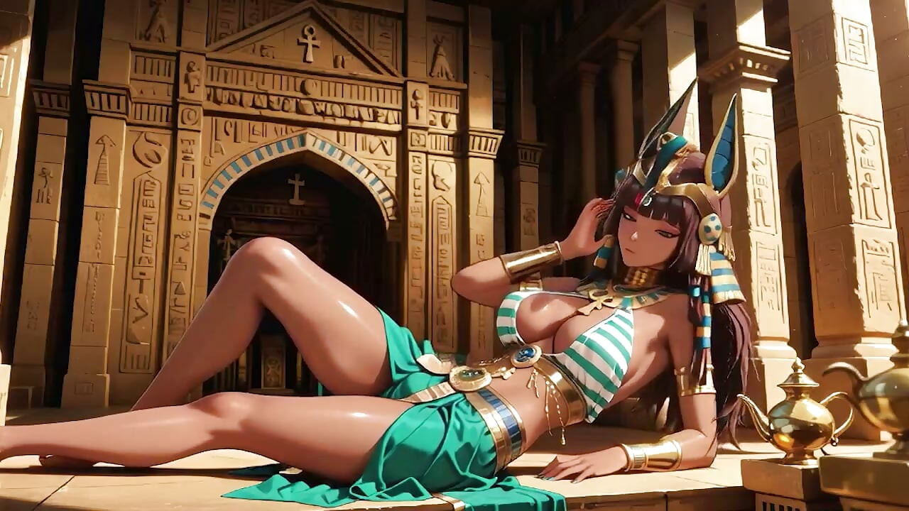 Languid on the golden throne, she runs fingers over her full chest with a hazy, arro