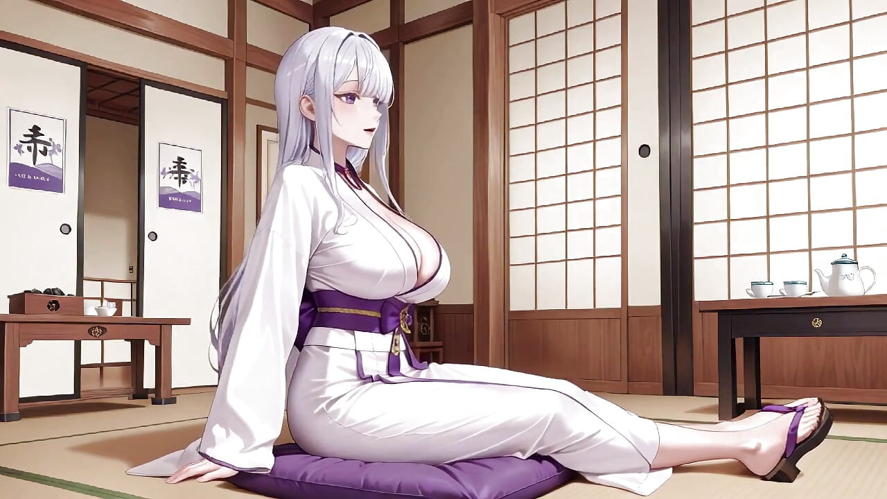 Srebrnokosa Miko Shrine Tajne! Napola otkopčani bijeli kimono, klečeće poze i intenzivan kontakt očima.
