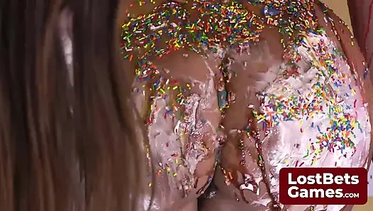 A tantalizing Strip Facial game where girls take turns with a knob