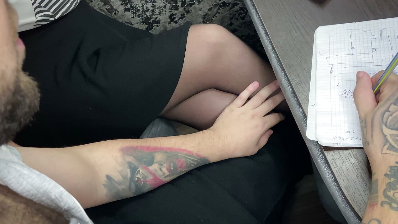 female classmate is jerking me off under the desk, I cum on legs.