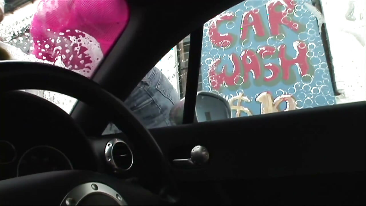 Sex in the car wash with a brunette bitch in sexy pink fishnets