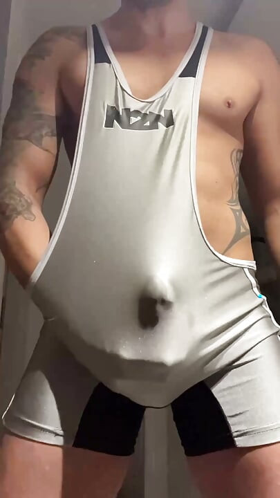 Muscle jock in lycra with huge cock thrusting until he cums