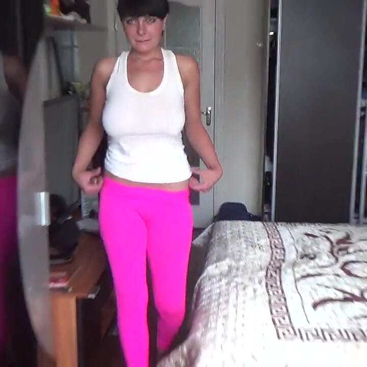 Kate sexy walking in yoga pants high heels and short white top
