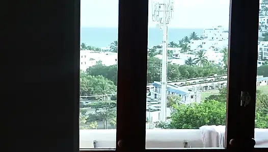 I masturbate on the beach while watching my beautiful stepmother lying on the bed.