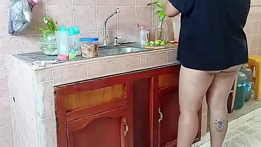 Chubby Stepmother Washes and Cleans the Kitchen