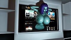 Une nana extraterrestre sexy sort de l’écran de télévision pour bousculer ses énormes seins