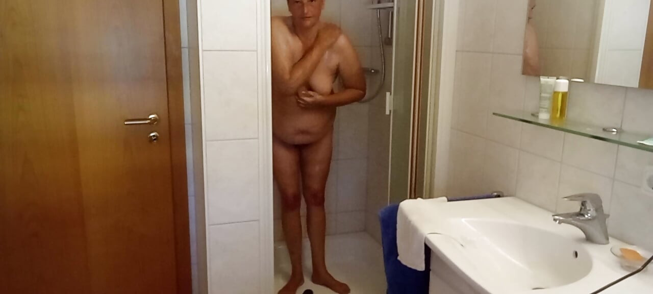 German BBW MILF 53 with natural tits & soft belly takes a shower
