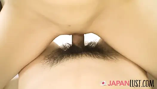 Adorable Japanese teen strips for shaved pussy POV creampie