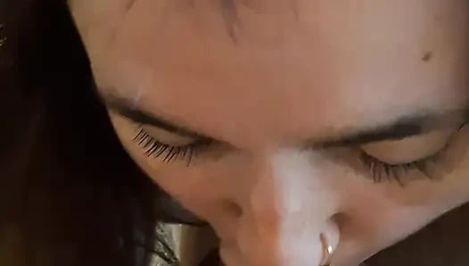 She  looks at me straight in the eyes while sucking my big cock balls deep in a POV close-up