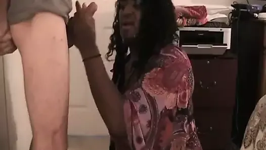 Black tranny makes guy cum quick!