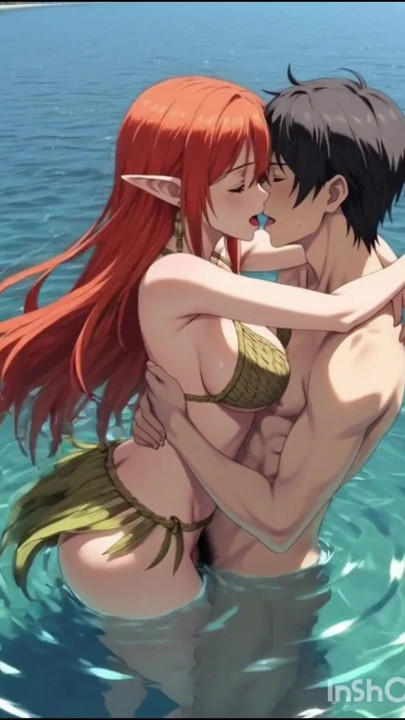 Redhead anime hentai girl fucks in the water | Clip 1