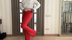 Flared red trousers and white crop blouse on tranny crossdresser femboy sissy ready for secretary job and school party